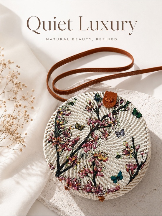 Bali Handbags - Handmade Bali Round Rattan Crossbody Bag Floral Butterfly Boho Summer Purse